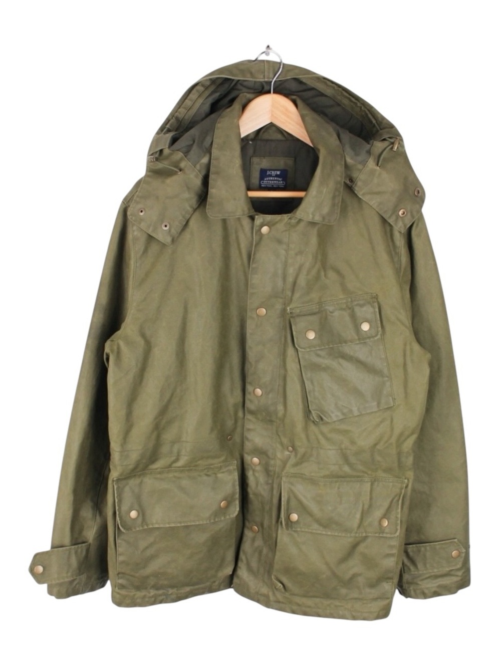Vintage J.Crew Waxed Field Jacket Green Hooded Military Utility Coat Men Large
